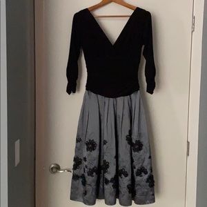 Black and silver V-neck, V-back, 3/4 sleeve dress